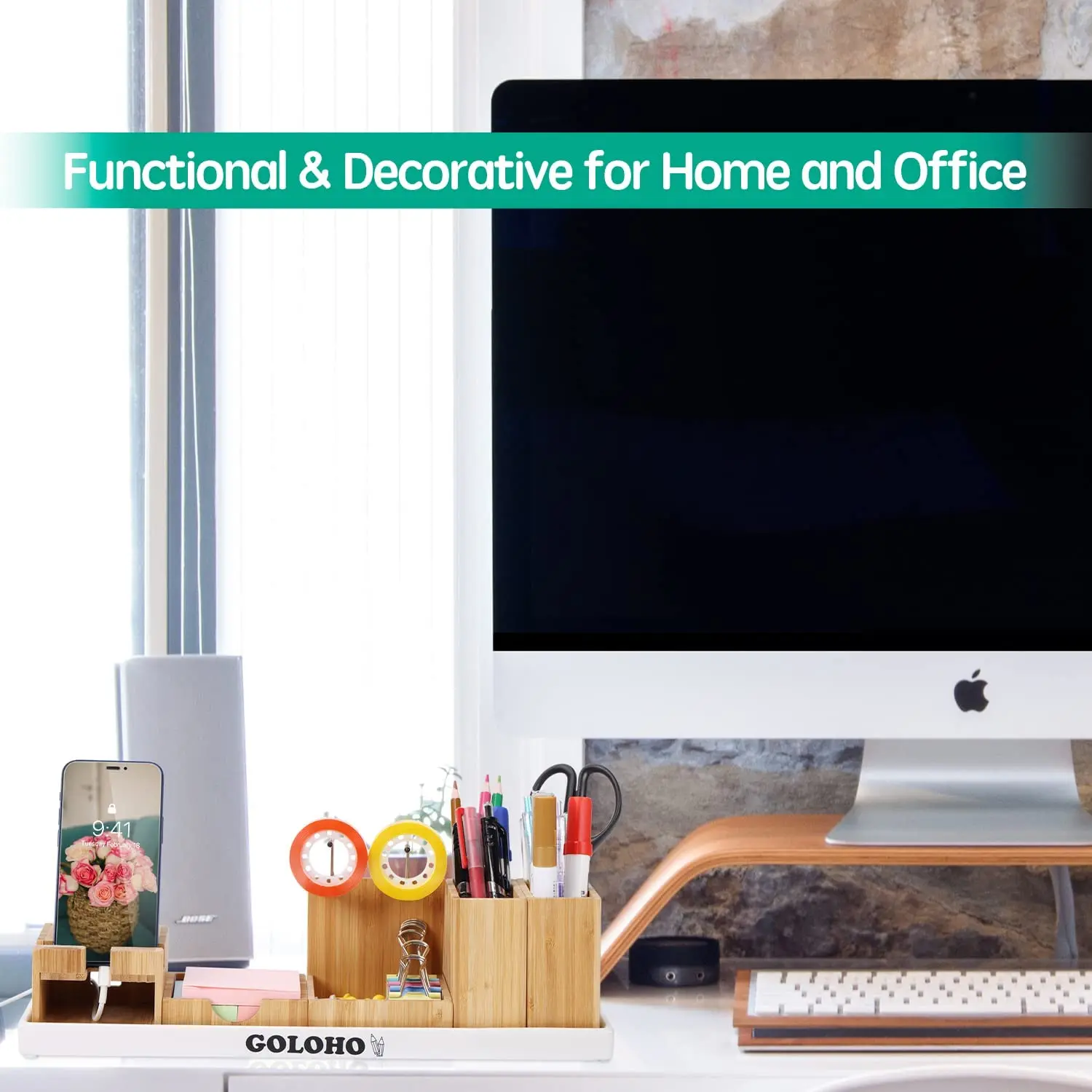 Multifunctional Bamboo Office Organizer Pen Holder Wood Desk Accessories Organizer For Keyboard Hider