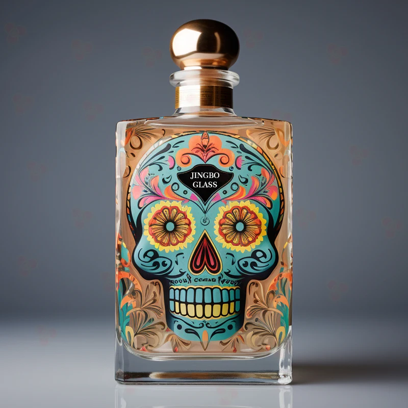 New Design Skull Calavera Shaped Glass Bottle For Tequila Whiskey Screen Printed Skull Label Covers