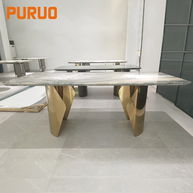 PURUO Wholesale Price Luxury Furniture Table Stainless Steel Frame Marble Top Dining Table