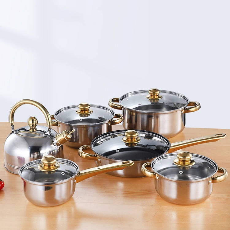 Good quality kitchen cooking kitchenware non stick 12 pieces cooking pot set multi-function stainless steel cookware set