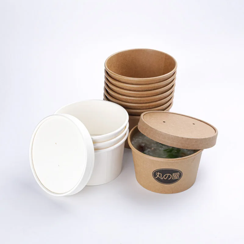 Custom Printing Disposable kraft paper soup Cup Take away food packing container white paper bowl salad bowl