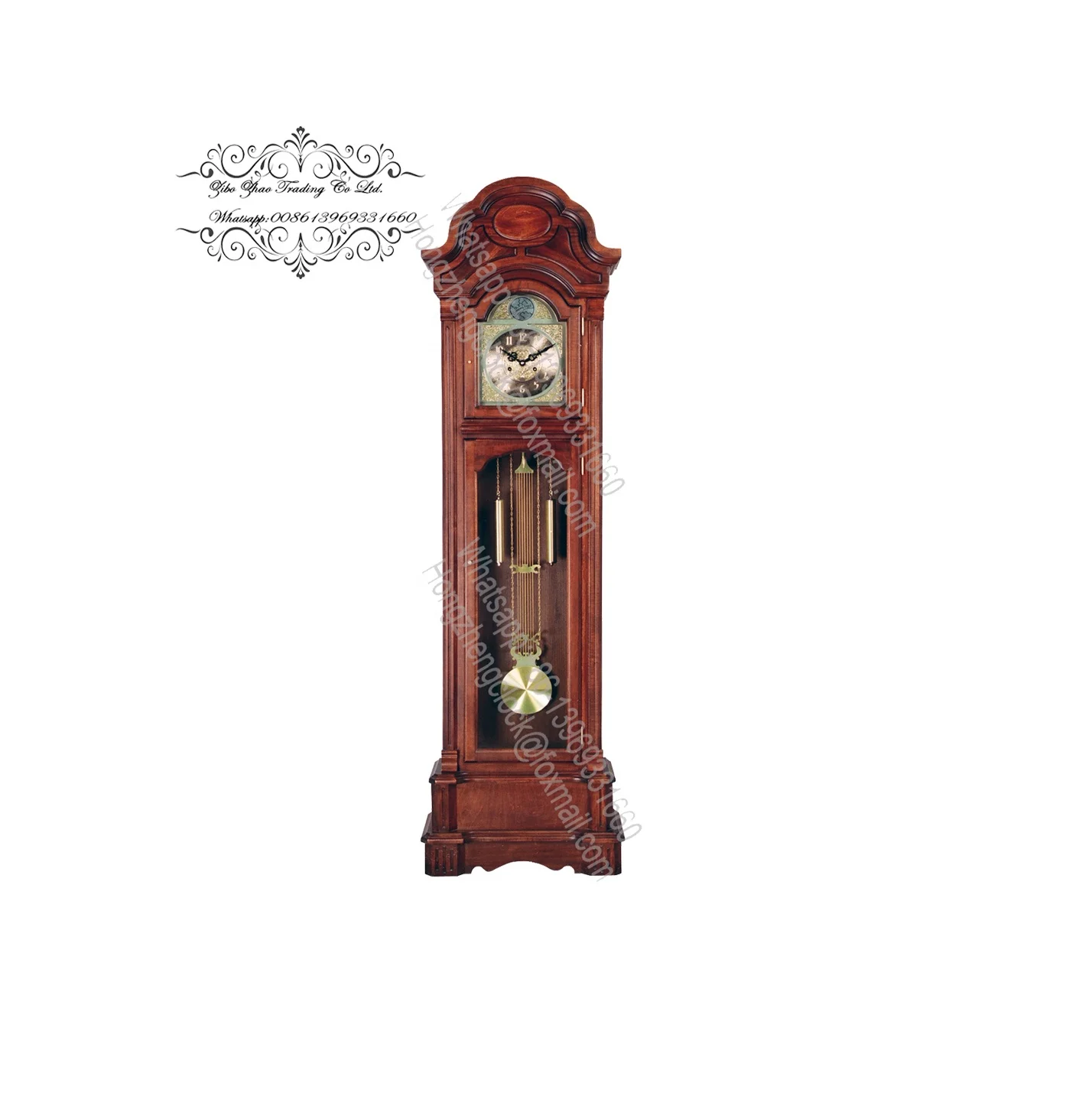 Traditional Solid Wood Grandfather Clock with Chimes, Battery Powered Movement, for Home Decor, in Golden Brown Finish