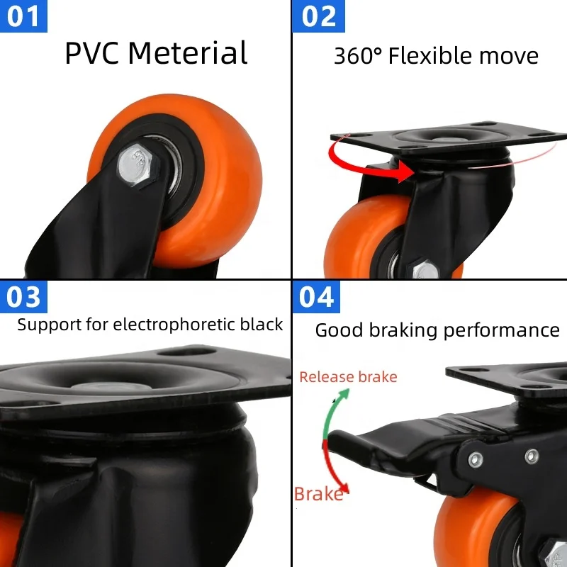 Modern Orange Industrial Wheel With Brake PVC Mute Roller TV Shelf Swivel Wheel Office Furniture Computer Chair Caster Wheel