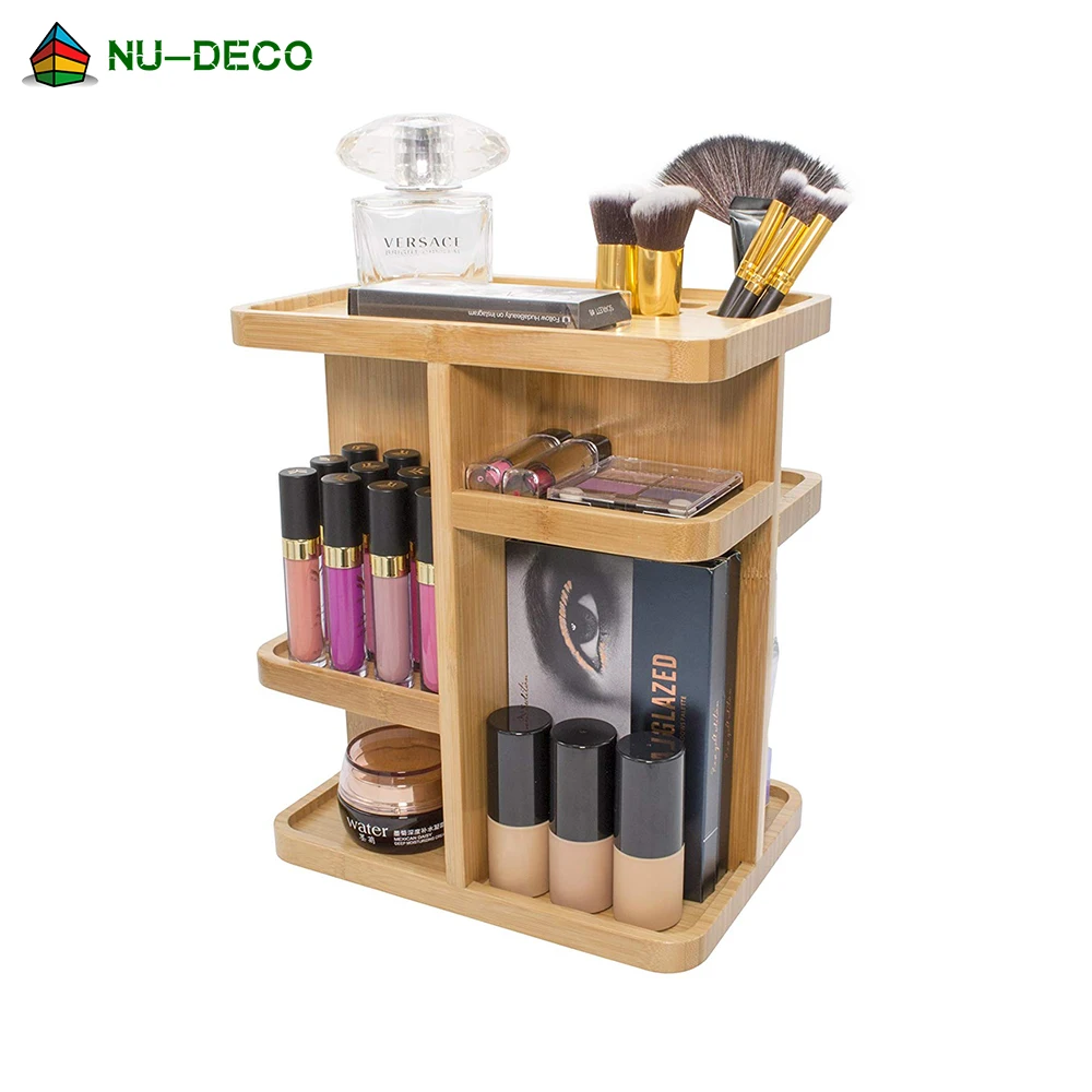 Desktop wood bamboo cosmetic 360 rotating storage makeup organizer