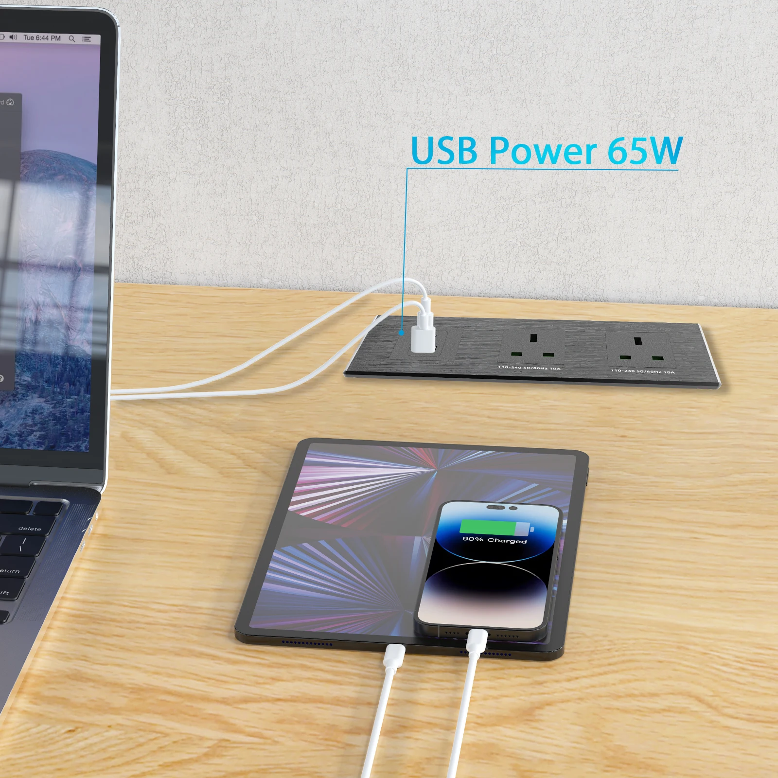 Multifunctional Uk Recessed Wall Plug Mounted Power Outlet 65W Desktop Surge Protector Power Strip Socket Office Desk USB Socket