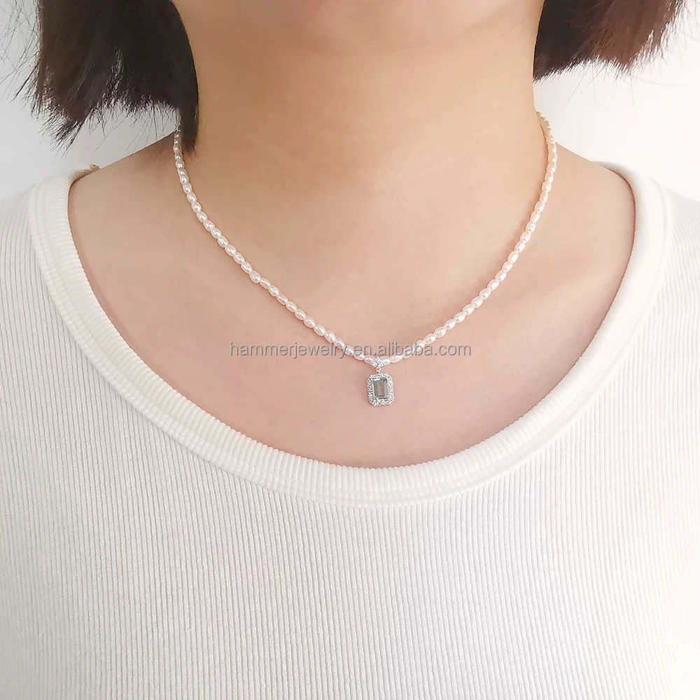 Luxury 18k Real Gold Emerald Shape  Aquamarine Pendant With Rice Pearls Necklace Charm Fine Jewelry Choker