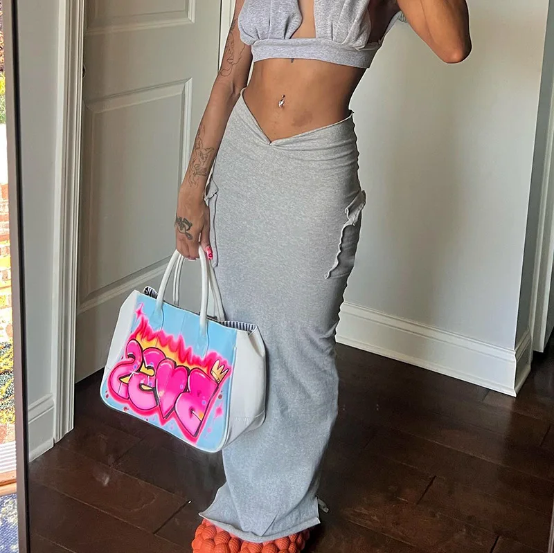 Designs Elegant Long Skirts For Ladies Casual Low Waist Grey Cargo Soft Straight Maxi Skirt