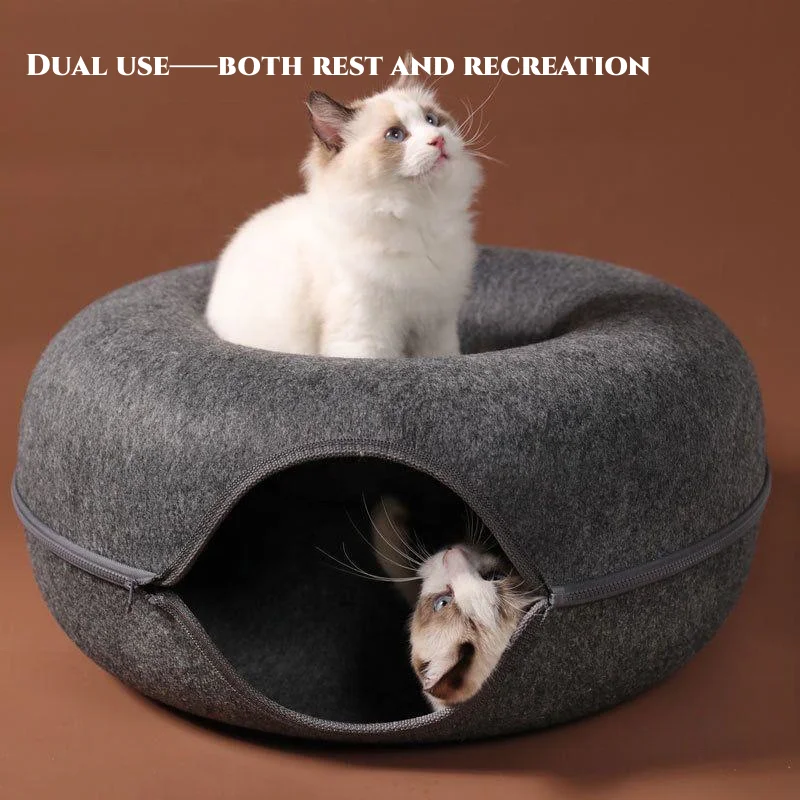 OF Wholesale Luxury Double-storey Donuts Shape Custom Felt Round Tunnel Pet Cat Bed Peekaboo Cat Cave