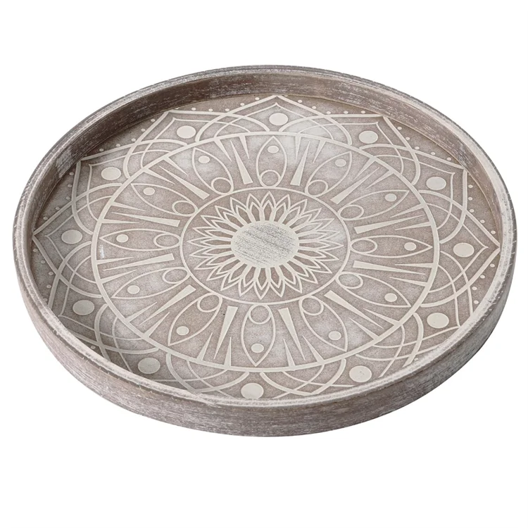 Round Wood Coffee Table Tray Decor Rustic Washed Ottoman Tray Small Wooden Carved Circle Serving Tray