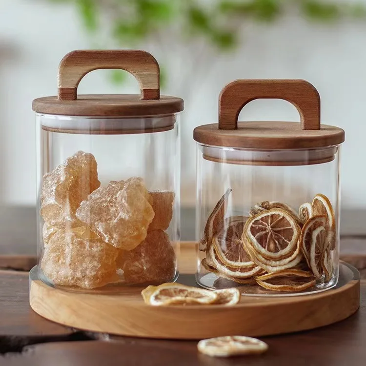 Wholesale Hot Sale Glass Kitchen Spice Pepper Candy Coffee Food Wide Mouth Glass Storage Jar With Acacia Wood Lid
