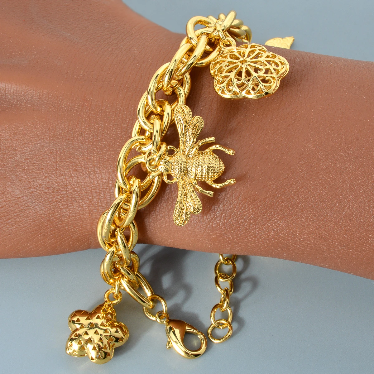 NEW Arrived wholesale Butterfly Flower Bee Life Tree 14k Gold Plated Link Chain Charm Bracelet Women