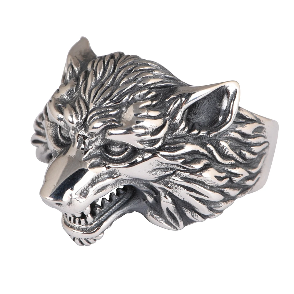 Wholesale 100% S925 Sterling Silver retro fashion trendsetter rock wolf adjustable jewelry ring for men
