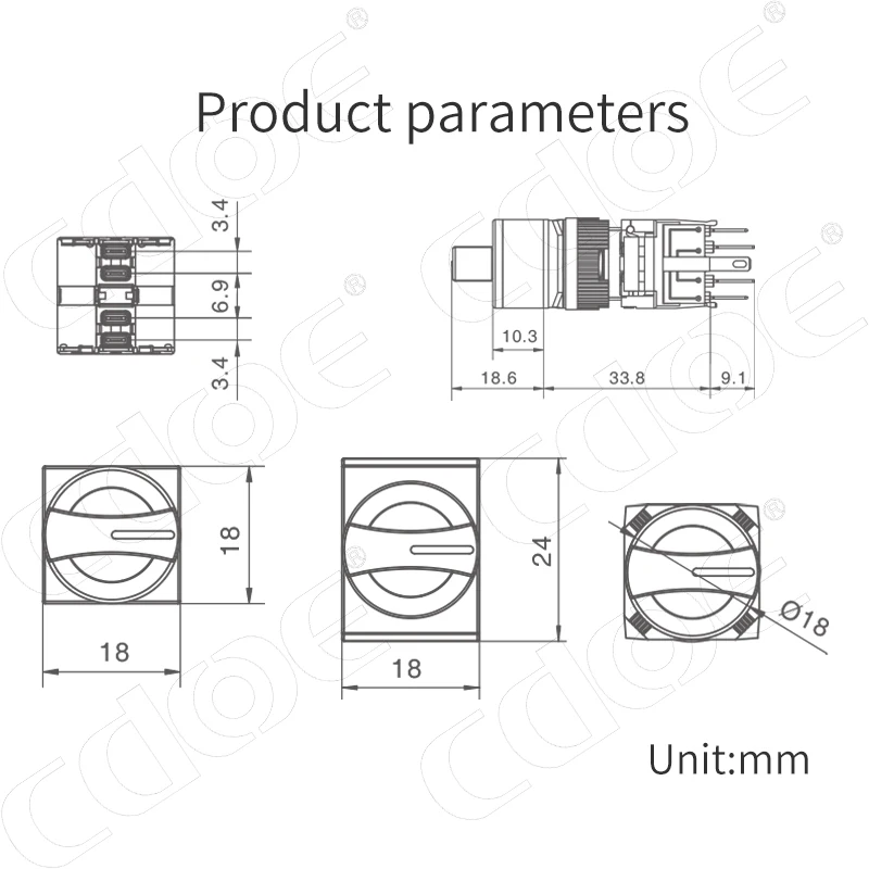 keep type Self locking 2 Position 3NO3NC Square head pushbutton switch Rotary 16mm Mounting holes