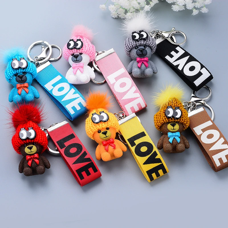 Cartoon Cute Bear Keychain With Plush Hats Keychains For Women Home Key Chain Car Bag Pendant Jewelry