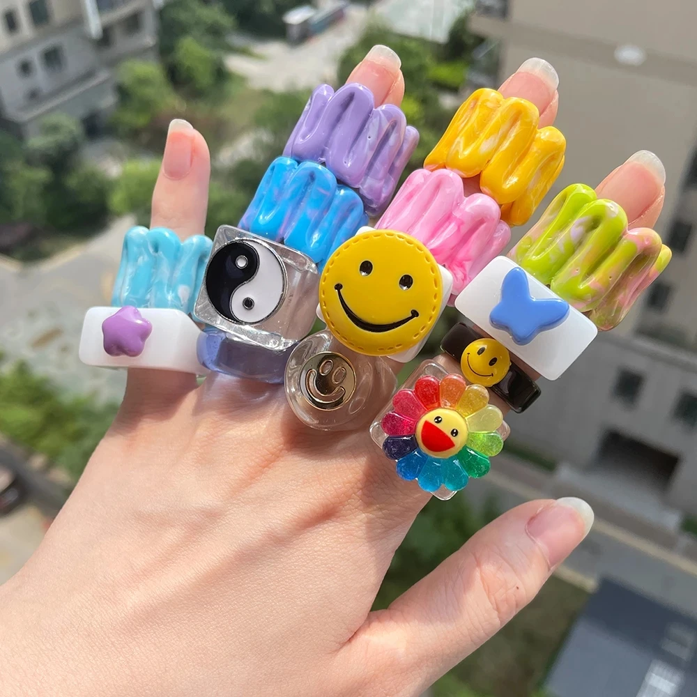 Оптовая продажа большое акриловое кольцо неправильной геометрической формы Макарон для женщин кольца конфетных цветов из смолы украшения подарки девушек