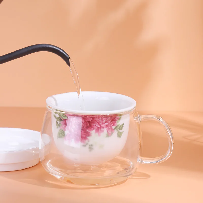 345CC High quality clear glass tea cups with ceramic lid with infuser