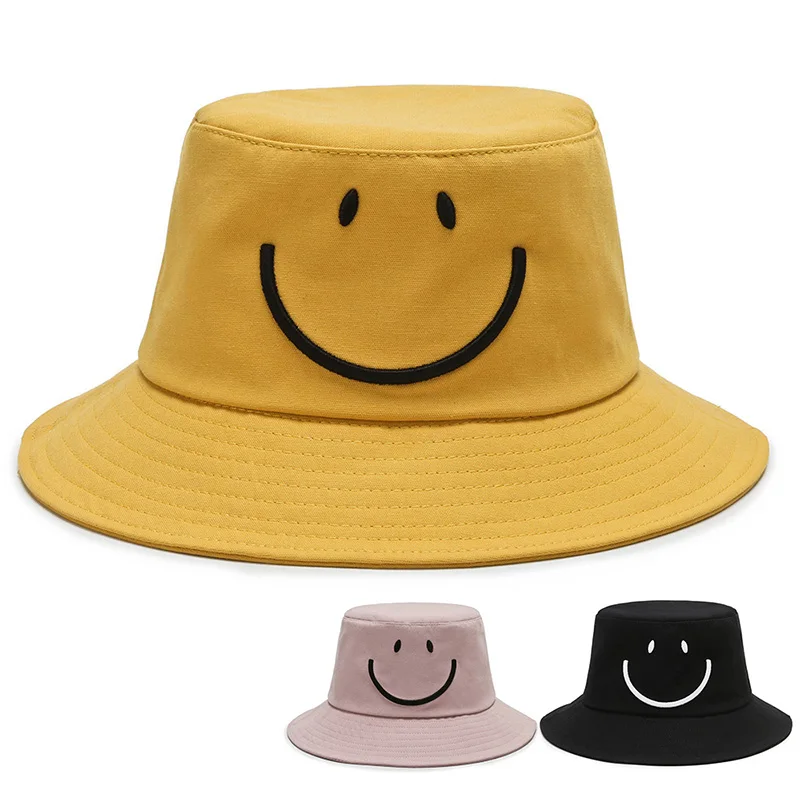 
Simple Outdoor Visor Sun Basin Hats Casual Embroidery Yellow Smiley Face Adjustable Fisherman Hat 