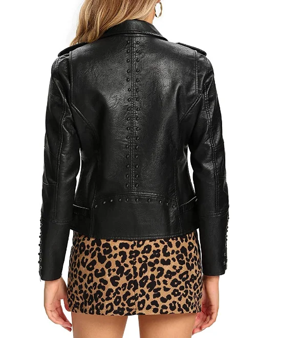 womens Vegan Leather Moto Jacket With Pocket Detail, Comfortable & Stylish Coat