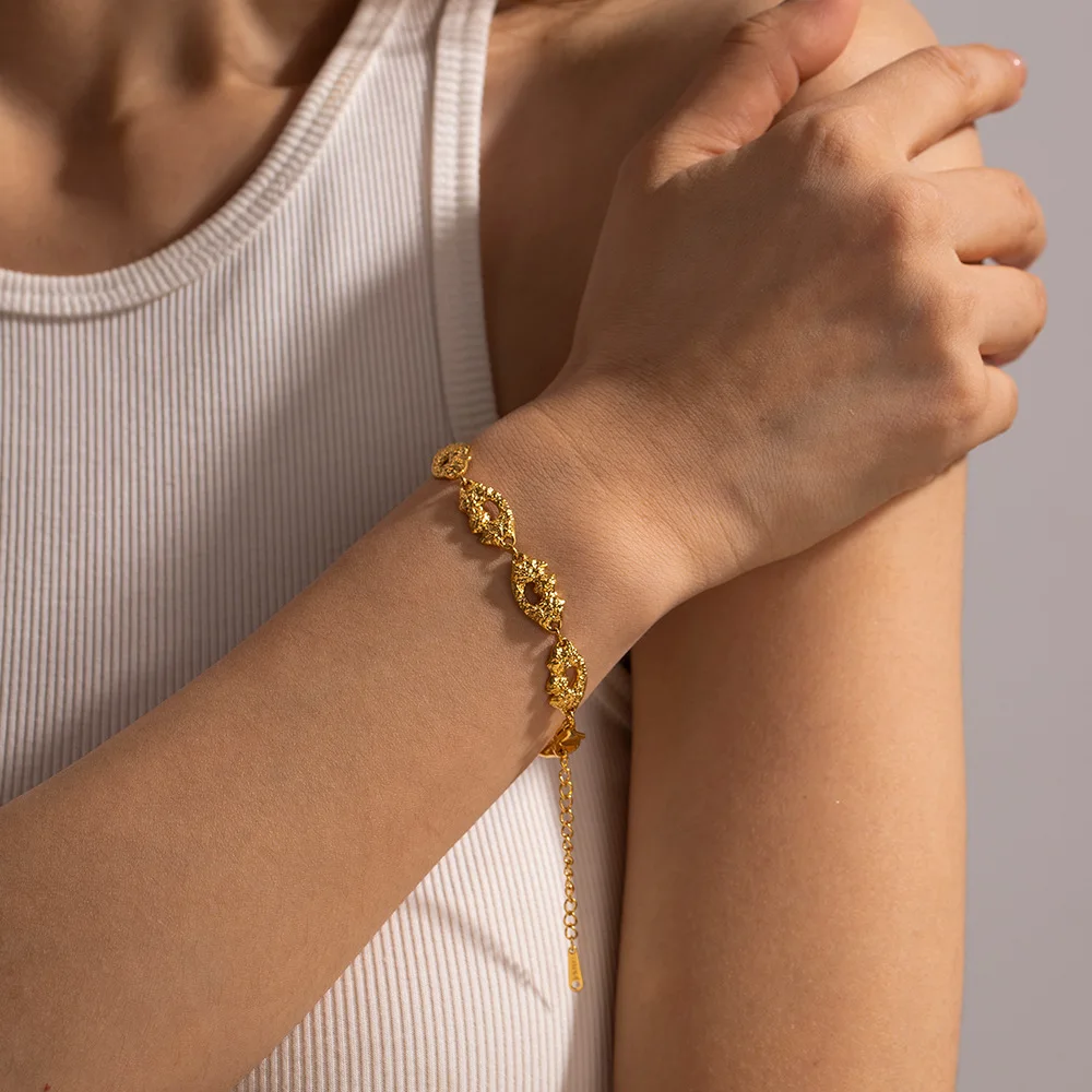 Versatile Handmade Stylish Design Handmade Irregular Hollow Out Stainless Steel retro texture Bracelet for Women