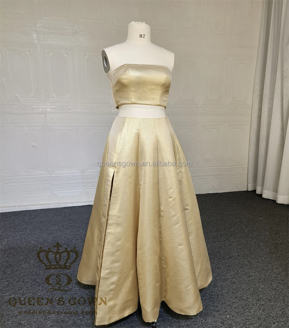 QUEENS GOWN Custom Made Strapless Two Pieces Party Dress Classic Golden Glitter A-line Slit Evening Dress