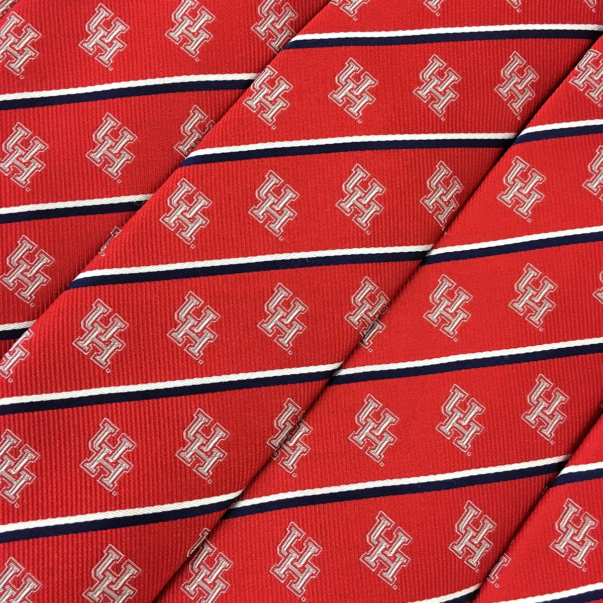 UH College University Wholesale Custom Necktie Red White Double Striped Slim Skinny Silk Woven Grosgrain Uniform School Tie