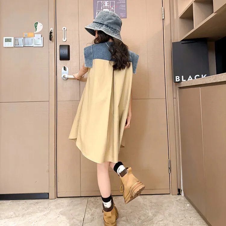 2023 New Fashion Hot Girl Denim Patchwork Sleeveless Shirt Dress White Khaki 5-15 Years
