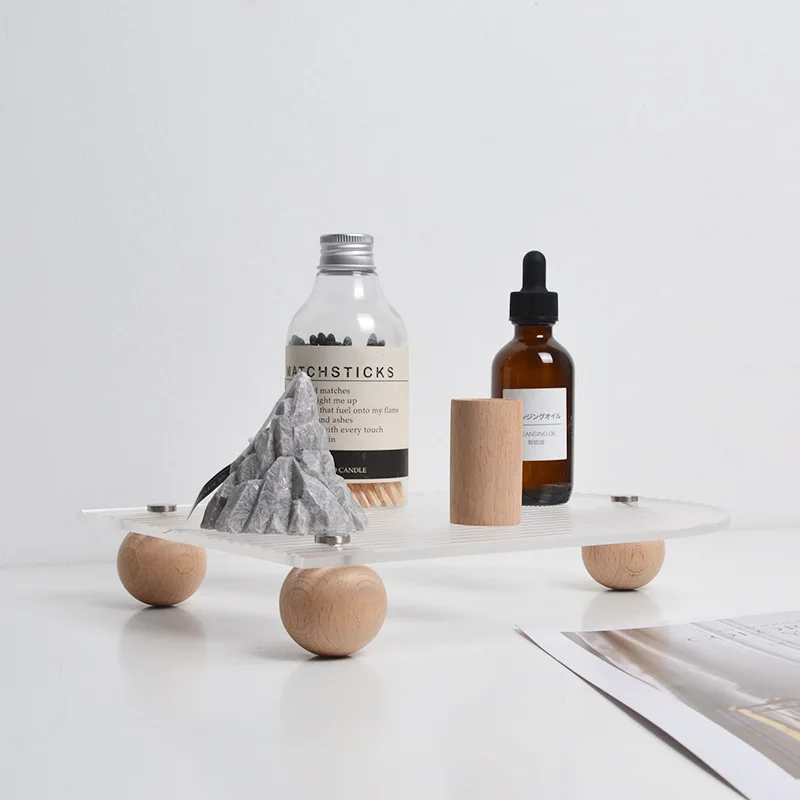 New Clear Acrylic Tray With Wood Wall Base Home Decor Acrylic Serving Tray Makeup Perfume Display Wholesale