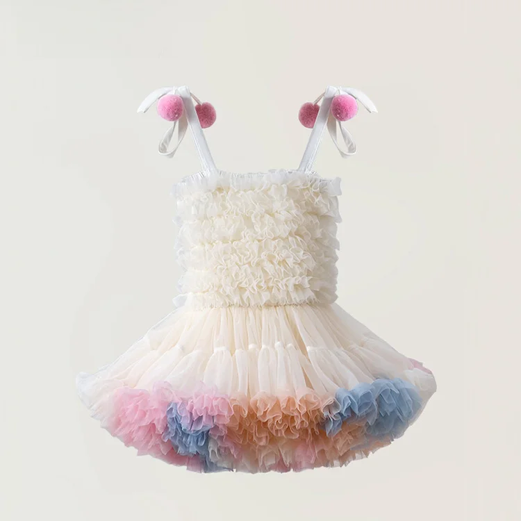 Fashion girls summer princess birthday white spaghetti strap mesh tulle tutu dresses for girls