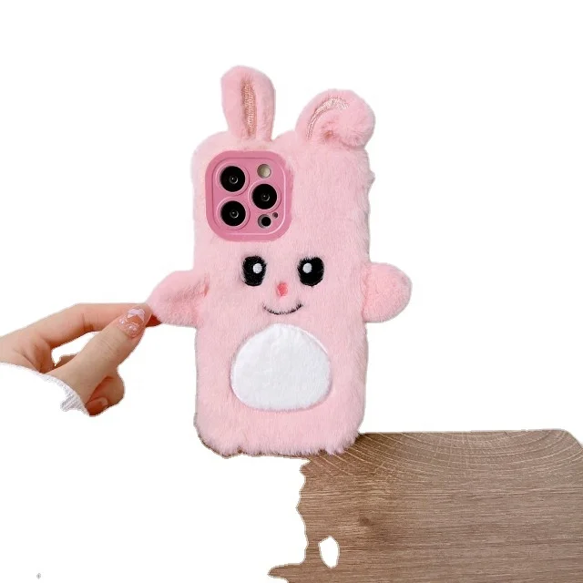 Good Price Wholesale Female Fashion Pink Cartoon Cute Smiley Bunny Hand Warm Plush  Phone Case For iPhone14PROAMX 13 12 11