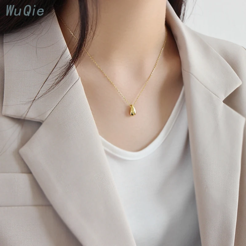 925 Silver Necklace 18K Gold Plated Simple Water Drop Pendant  Women Jewelry