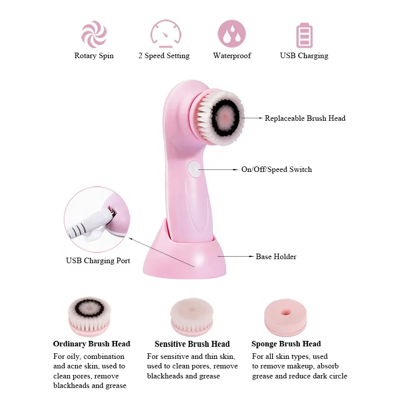 3 Interchangeable Cleaning Heads Waterproof Rechargeable Face Brush Electric Face Cleansing Device
