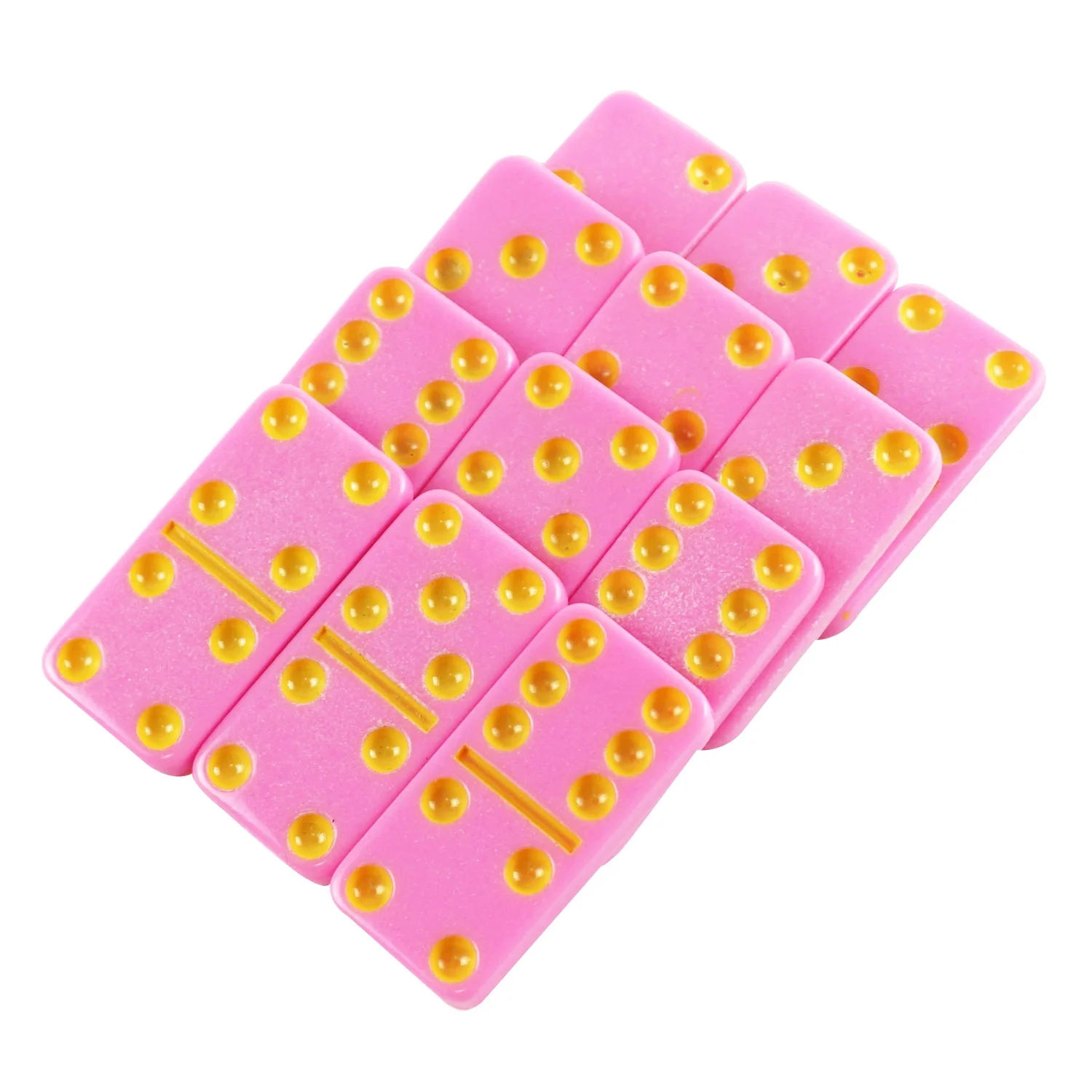 Professional custom pink double 6 domino set yellow dot 28pcs with colour paper box 4006 dominoes set for table game