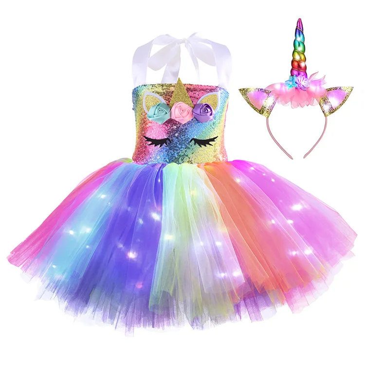 Hot Selling Fashion LED Light Glowing Sets  Clothing Uni corn Tutu Girls Christmas Dress Puffy Dresses