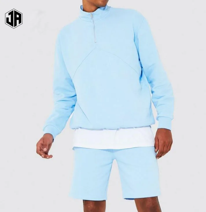 jersey 2 piece athleisure set simple streetwear set mens heavyweight half zipper jumper and shorts tracksuit
