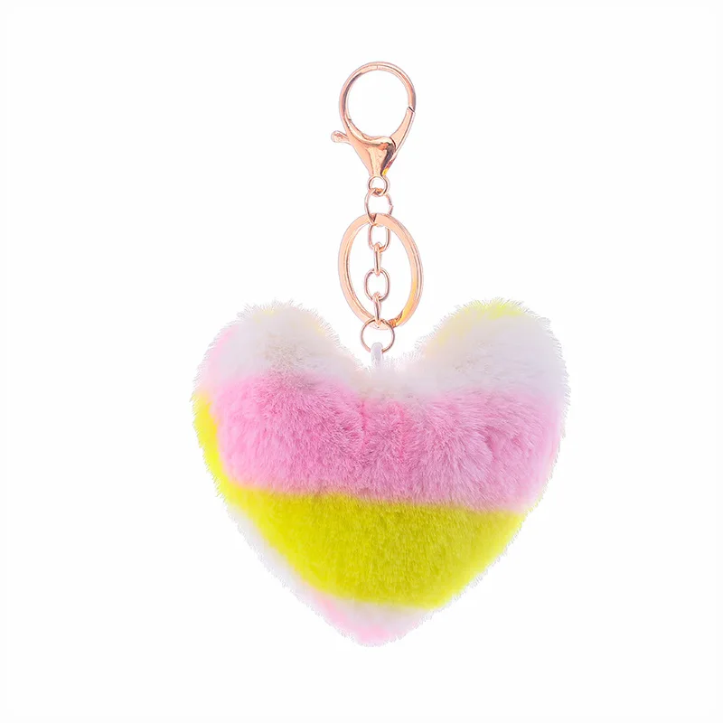 Rainbow Heart Shape Pompom Heart Shape Keychain Fur Pom Pom for Bag Keyring