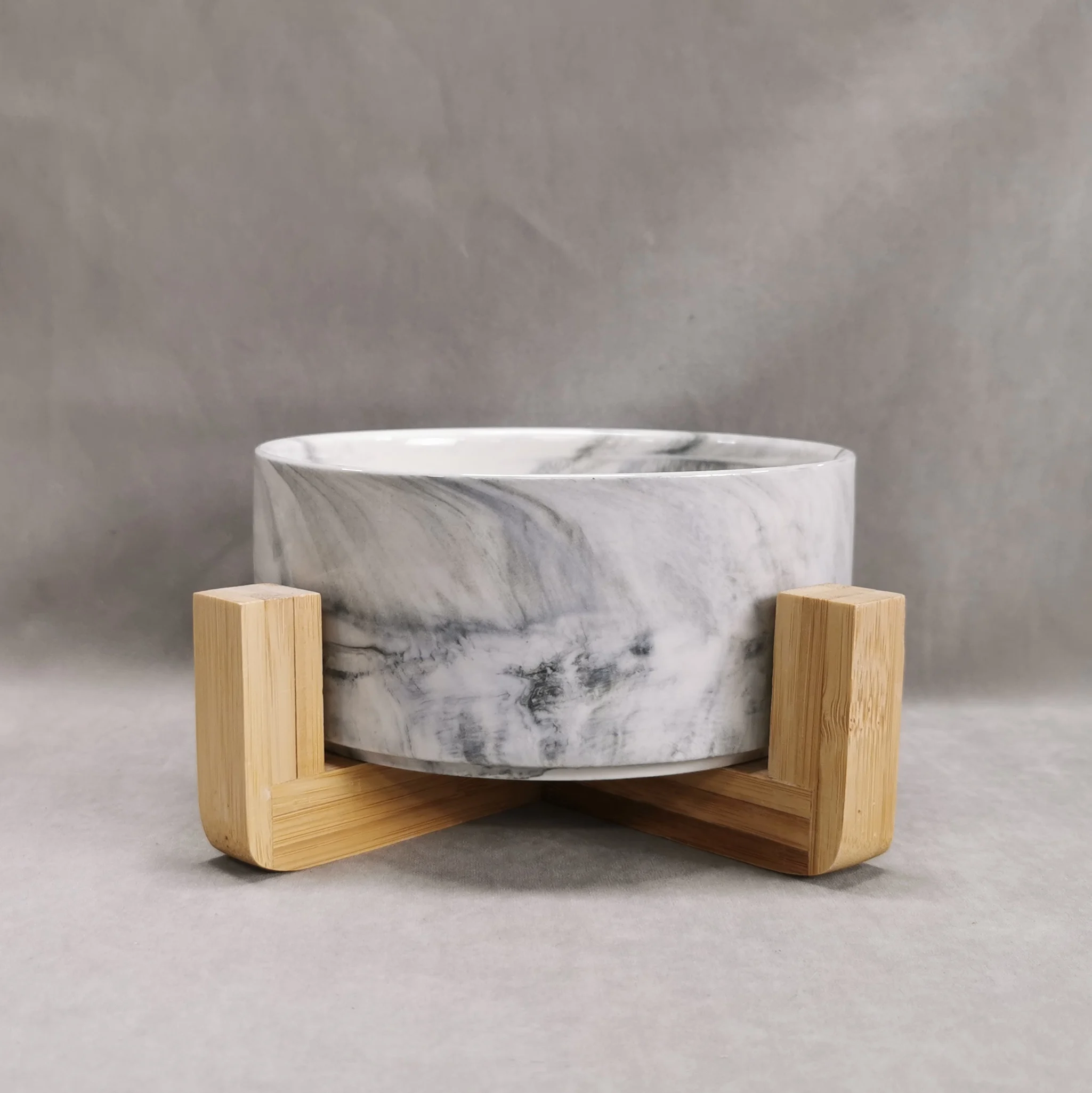New italian white marble look ceramic 6 inch with bamboo stand gold rim pet feeding cat dog bowl set food round bowl marble