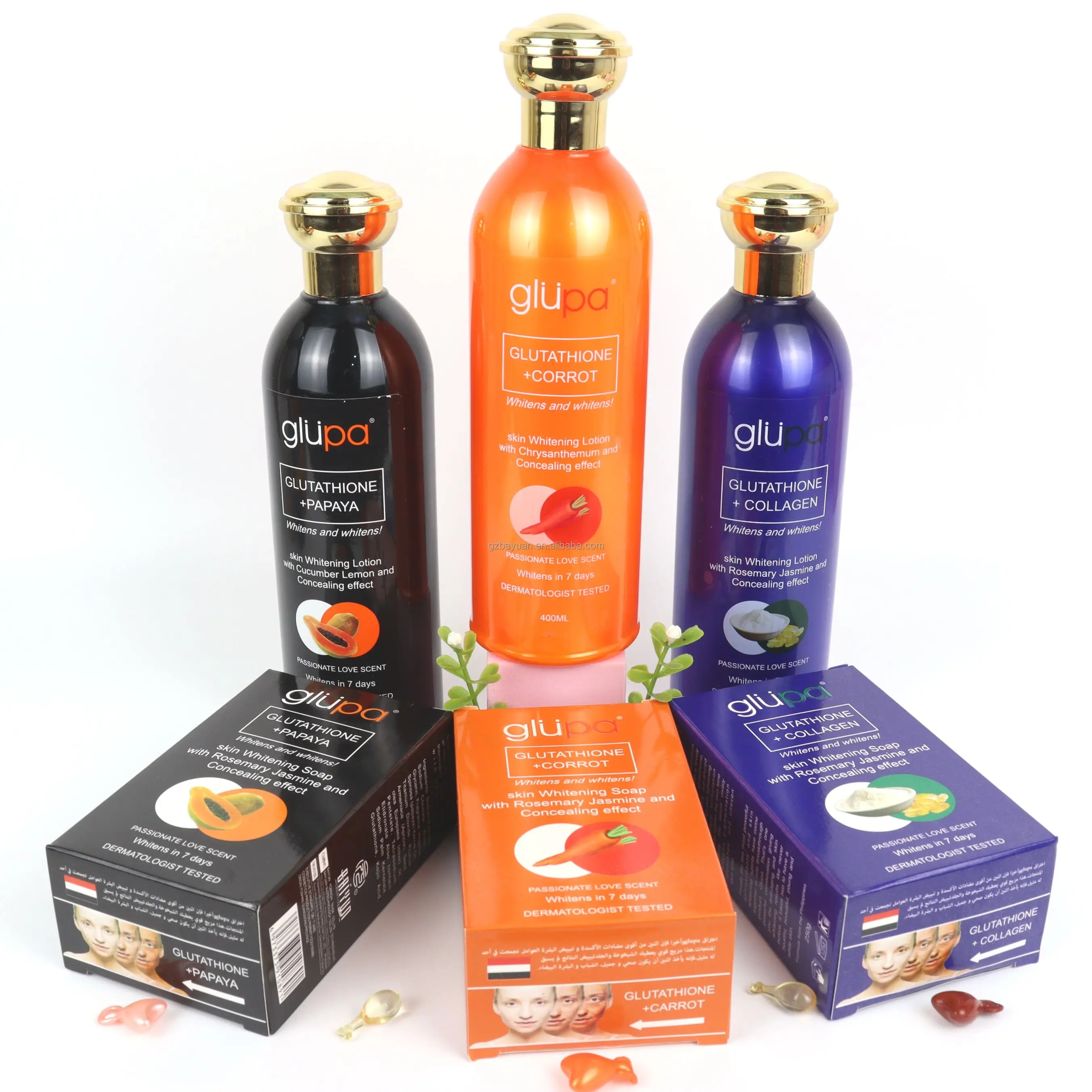 Glupa Papaya Collagen Whitening Light up Body Lotion 400ml and Soap 250g Skin Care Set Beauty Products Skin Lightening