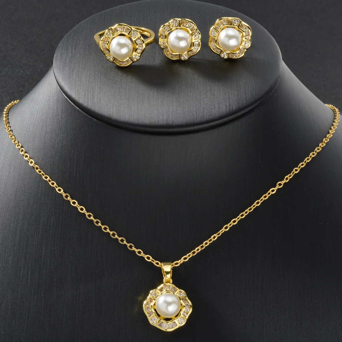 Fashion wholesale premium 18k gold plated pearl zircon ring earrings and pendant necklace jewelry set