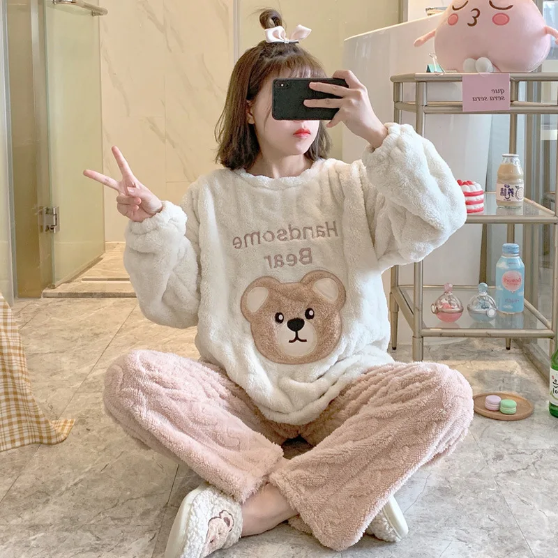 Winter Pajama Lady Fleece Sleep Wear Flannel Pyjama Pijama De Mujer Polar Pillama Franela Women Sleepwear Set