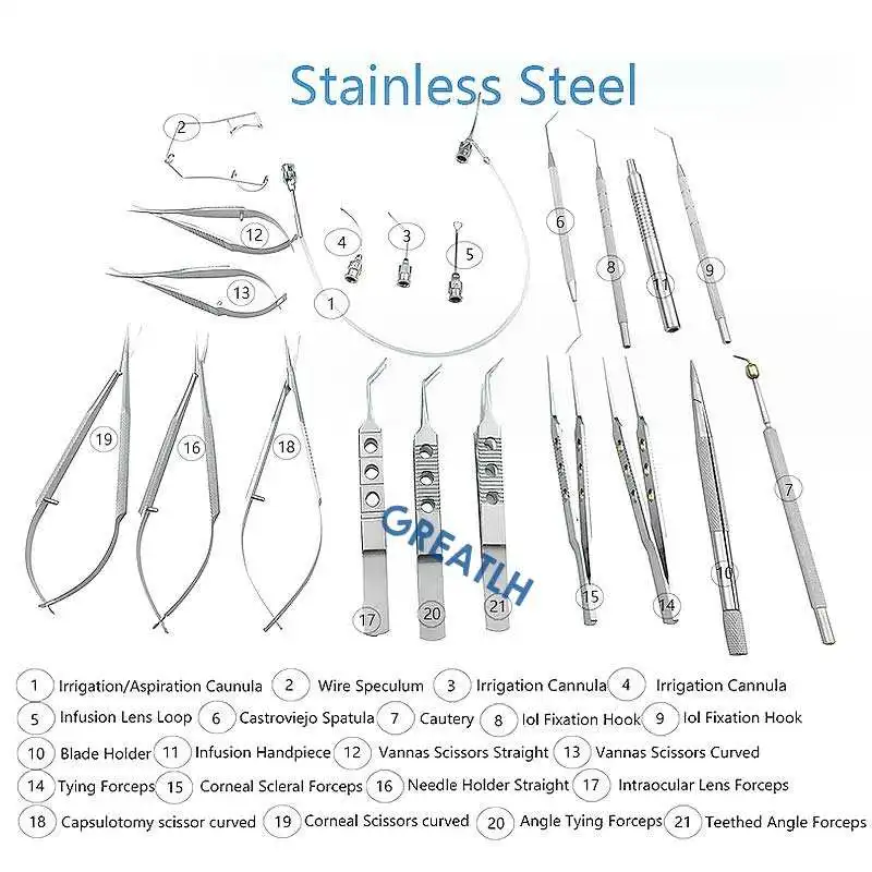 stainless steel 21 pcs instruments cataract surgery set cataracte kit with sterilization box