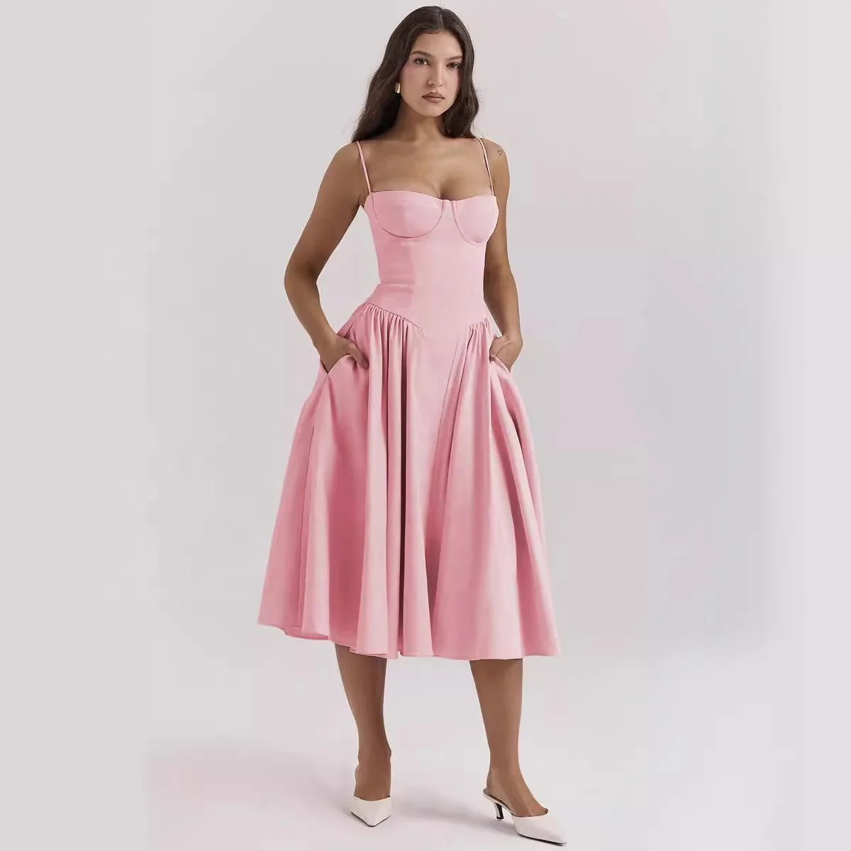 Ladies French Romantic Long Dress Sexy Adjustable Shoulder Straps Slip Dress Vintage Multicolor Grid Grain Sleeveless Long Skirt