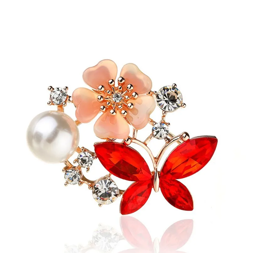 Flower Brooch with Crystal Brooches for Women Flower Red Crystal Blooming Camellia Rose Floral Leaf Designs