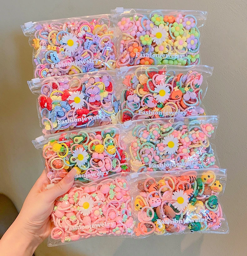 50PCS 2023 Hot Children Cute Candy Color Small Mini Thumb Hair Ties Set Lovely Cartoon Rubber Bands Girls Baby Hair Accessories