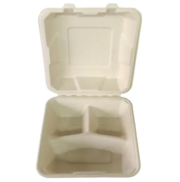 8 inch 1135ml three compartments Biodegradable bagasse hamburger box Disposable compostable sugar cane food containers lunch box