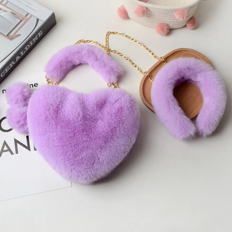 Aotemao 2021 New Fashion Fur Heart Purse with Headband Set Designer Lady Cute Heart Shaped Purse Handbags