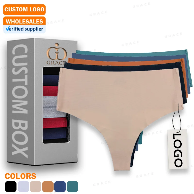Custom Logo Seamless Thongs High Rise Panties Traceless Ice Silk No Show Bonded Women Underwear Seamless Panties