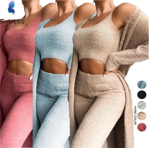 2021 Cotton Sexy Bamboo Plush Comfy 3 Piece Lounge wear Knitted Set Women Lounge Wear