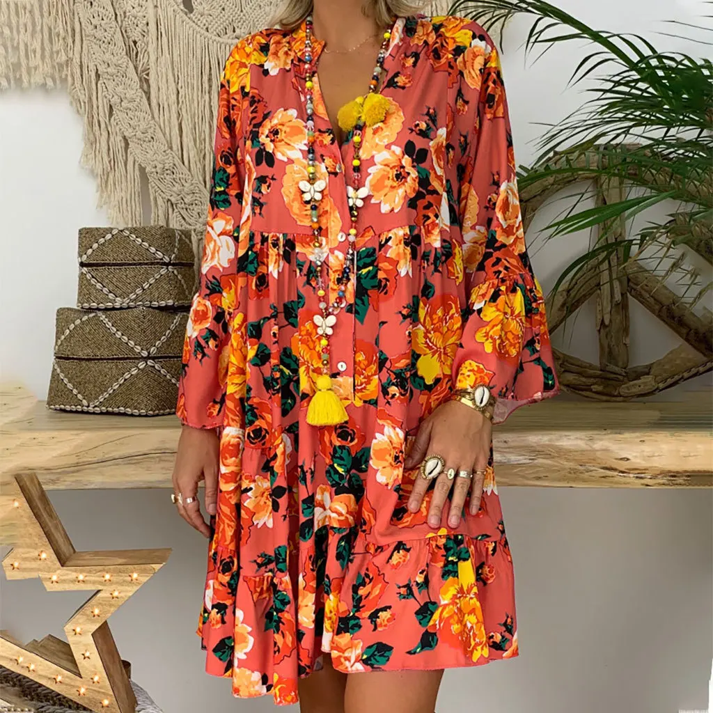 Mini Party Tropical Tunic Dress Women Loose 5XL Summer Elegant Boho Long Sleeve Maxi Shirts Dress Flower Floral Beach Dresses