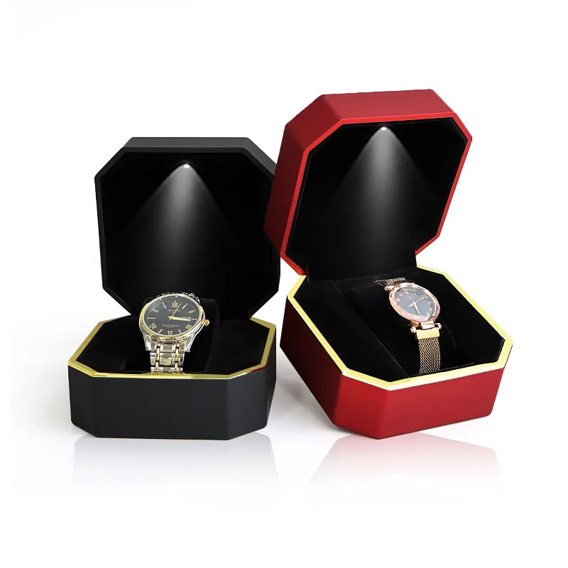 LED Light Fashion Watch Box Clamshell Octagonal Watch Bracelet Packaging Gift Box Paint Europe