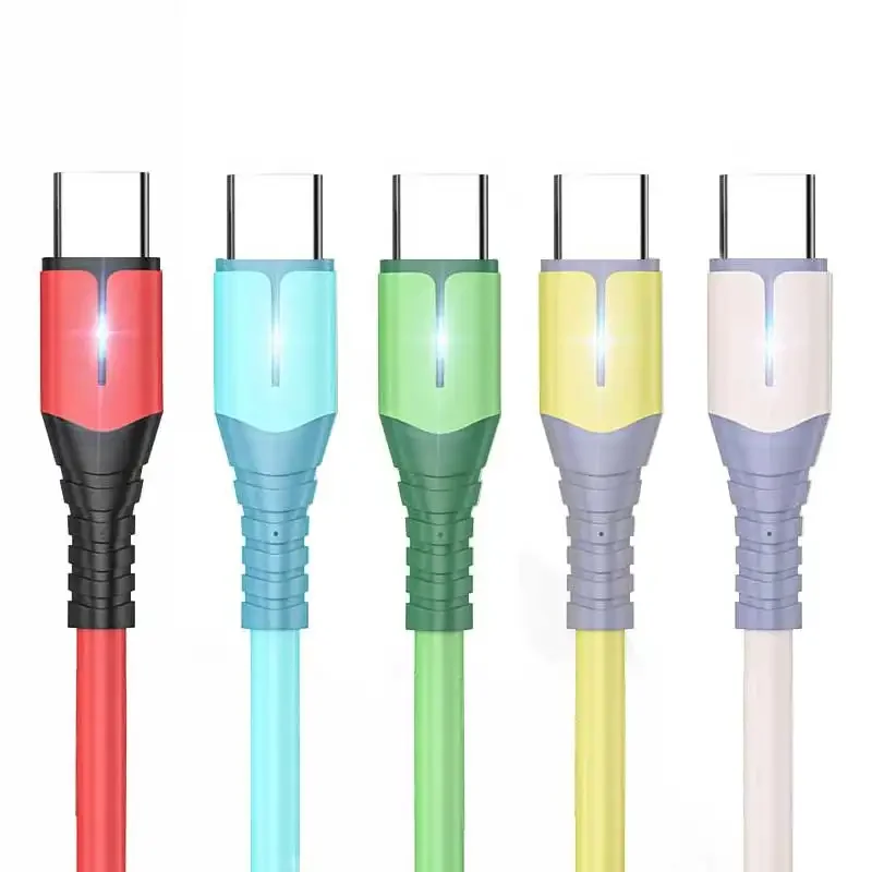 Factory OEM 1M/1.5M/2M Silica Gel LED Fast Charging Mobile Accessories Data cables for all Cell Phones Type-c USB Cable